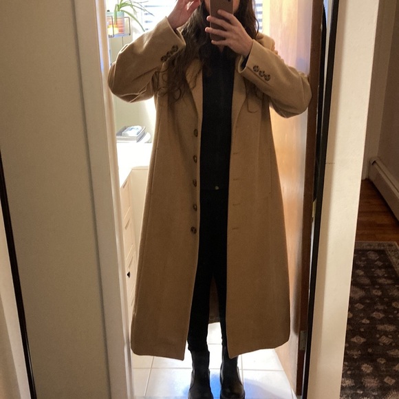 Vintage Wool Blend Long Tan Camel Coat Button Down Trench Oversized Jacket - Picture 11 of 14